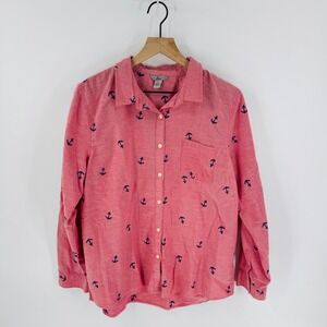 Bass 100% Cotton Button Down Red Navy Embroidered Size XL Coastal Nautical
